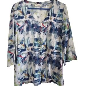 Komil Womens Medium Abstract Print Button Front V-Neck 3/4 Sleeve Blouse‎ Blue